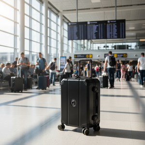 A black textured hard-shell spinner suitcase with an extended telescoping handle and four multi-directional wheels, shown on a clean white background.