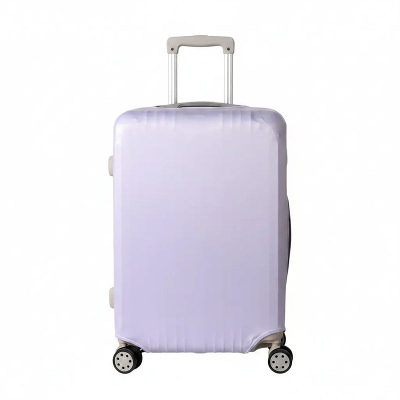 A light lavender luggage cover fitted over a hard-shell spinner suitcase with an extended telescopic handle, shown on a plain white background.
