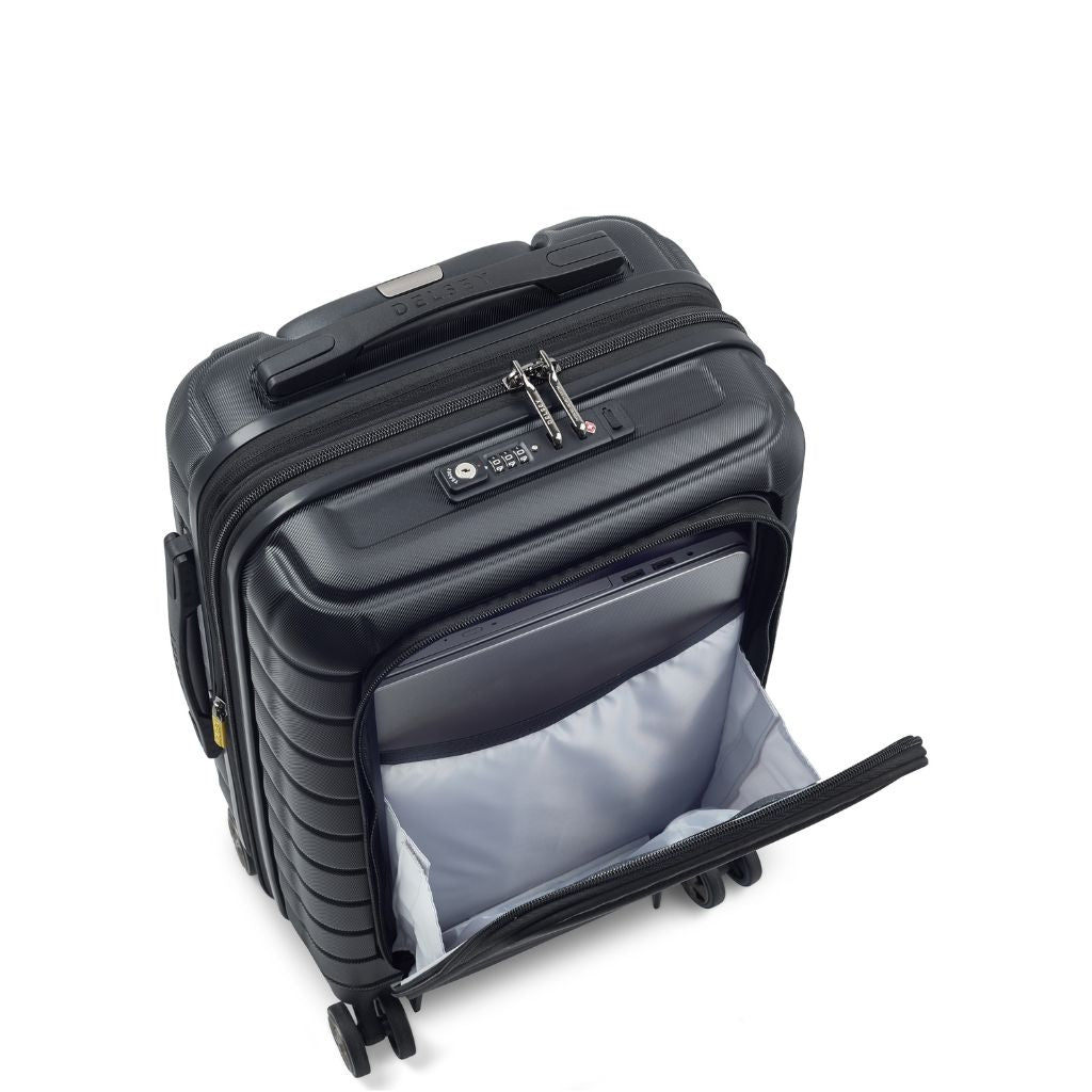 Delsey Shadow 55cm Expandable Carry On Luggage - Black + Laptop Sleeve - Love Luggage
