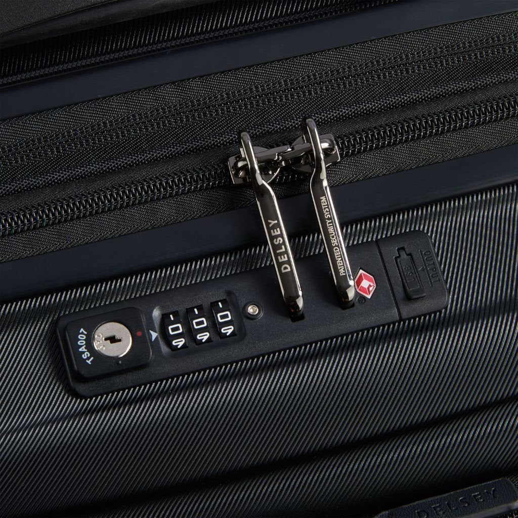 Delsey Shadow 55cm Expandable Carry On Luggage - Black + Laptop Sleeve - Love Luggage