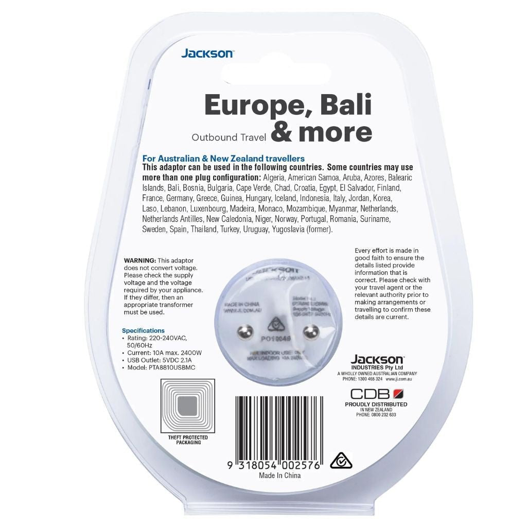 Jackson Outbound Slim USB - A & C Travel Adaptor AUS to EU - Love Luggage
