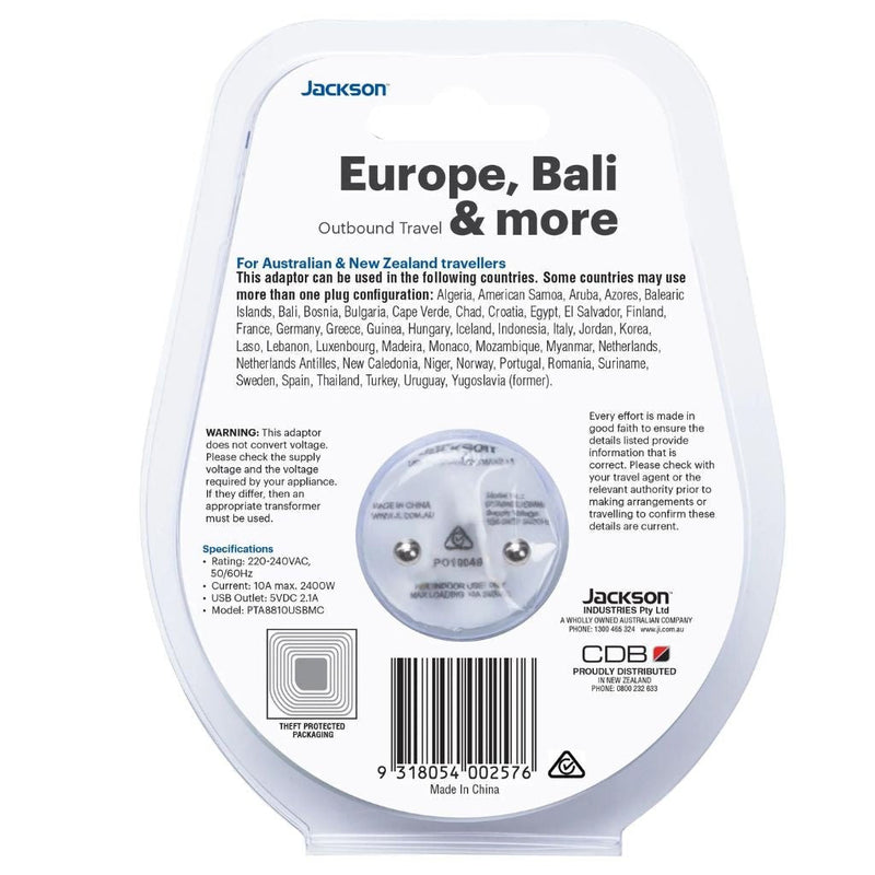 Jackson Outbound Slim USB - A & C Travel Adaptor AUS to EU - Love Luggage