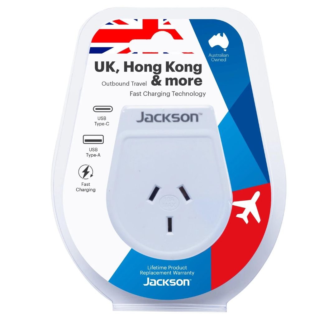 Jackson Outbound Slim USB-A & C Travel Adaptor AUS to UK & HK - Love Luggage