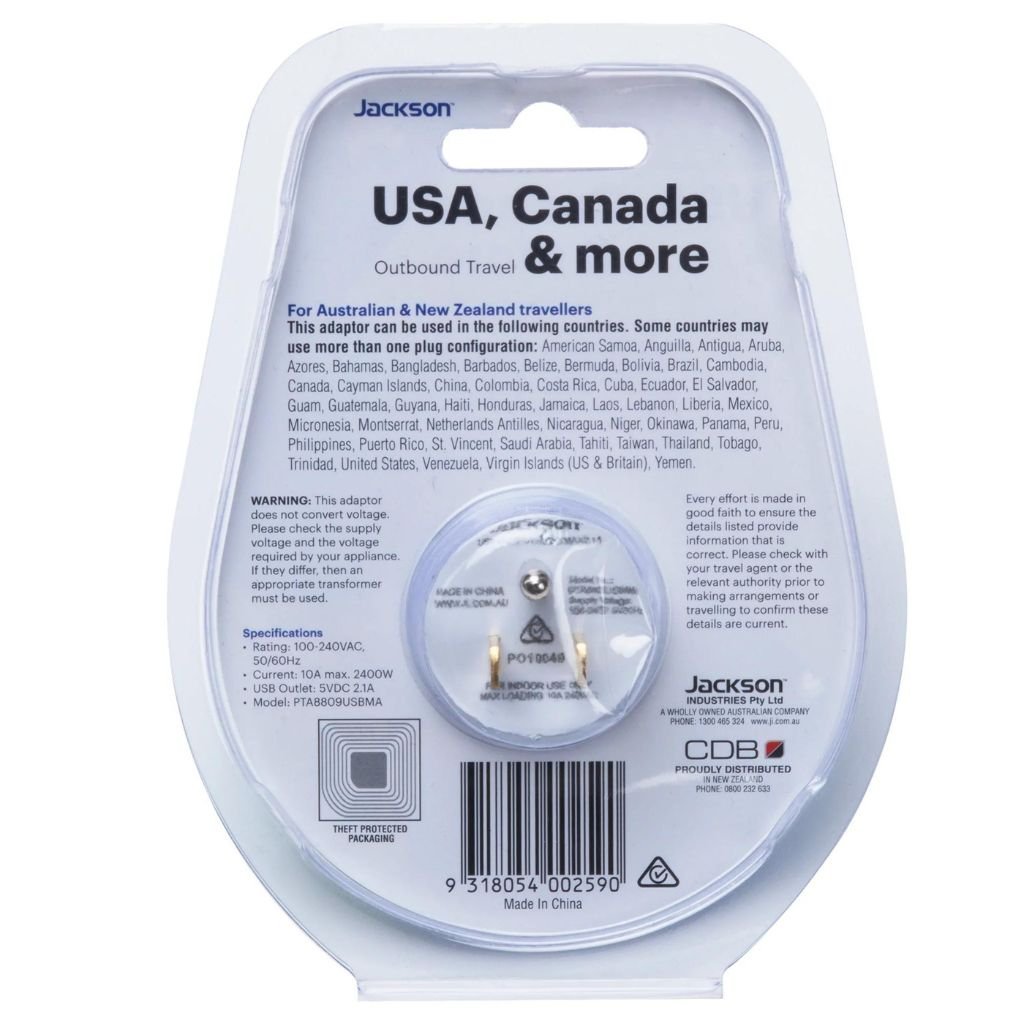 Jackson Outbound Slim USB - A & C Travel Adaptor - AUS to USA - Love Luggage