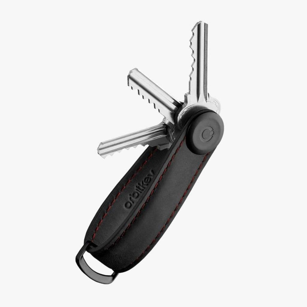 Orbitkey Leather Key Organiser Crazy Horse Obsidian Black with Red Stitching - Love Luggage